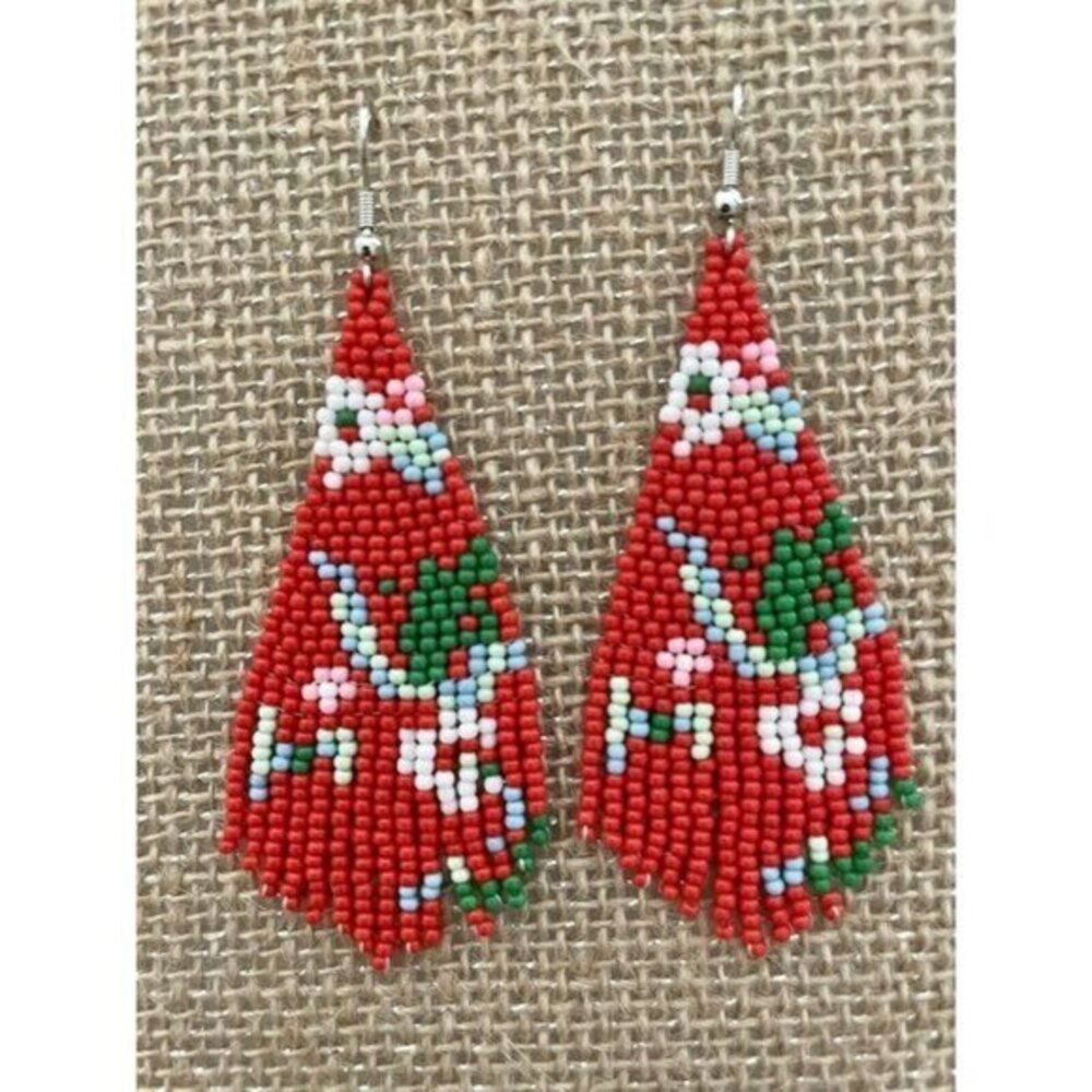 Handmade Miyuki Seed Bead Fringe Dangling Earrings Desert Red Floral NWT